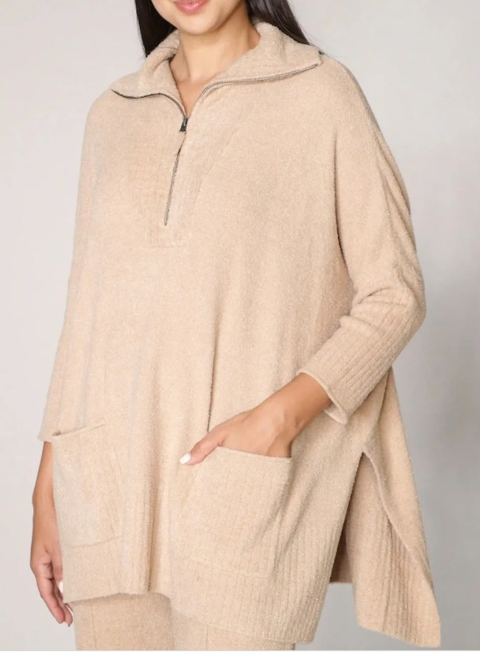 BAREFOOT DREAMS SOFT CAMEL COZYCHIC LITE HALF ZIP ROLLED EDGE TUNIC SWEATER 1X